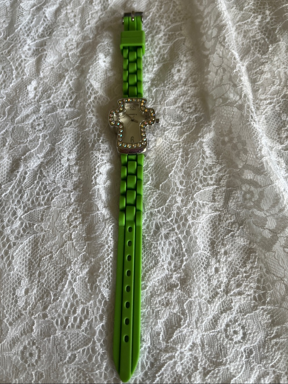 Geneva Silver-Tone Cross Crystal Watch with Bright Green Band - Picture 2 of 6